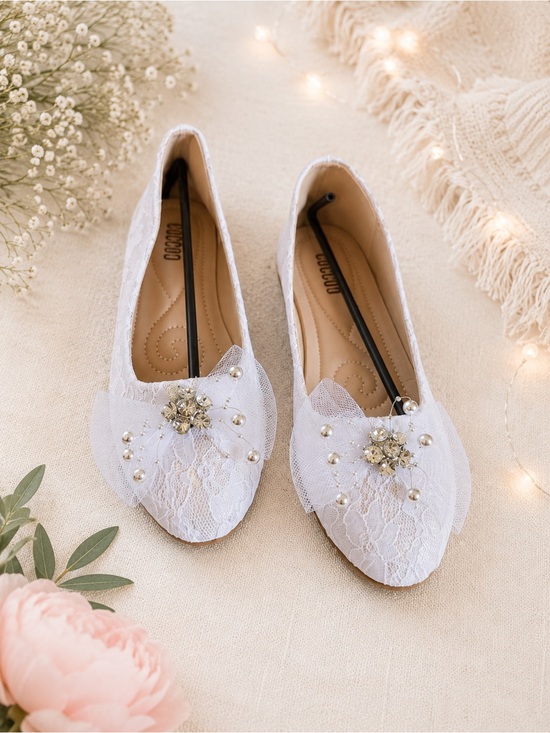 SHEIN Shoes - SHEIN White Lace Flats with Embellishments